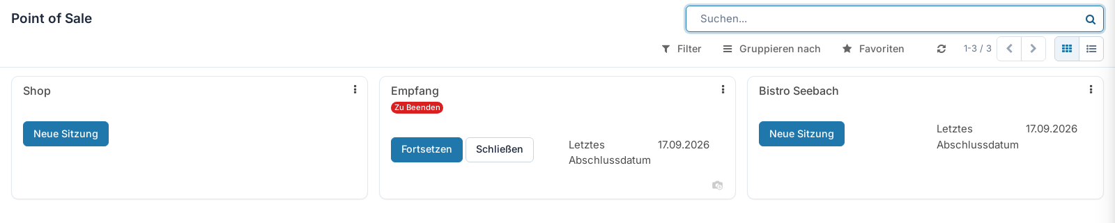 Kassen-Dashboard mit den Kassen und ihren Sitzungen